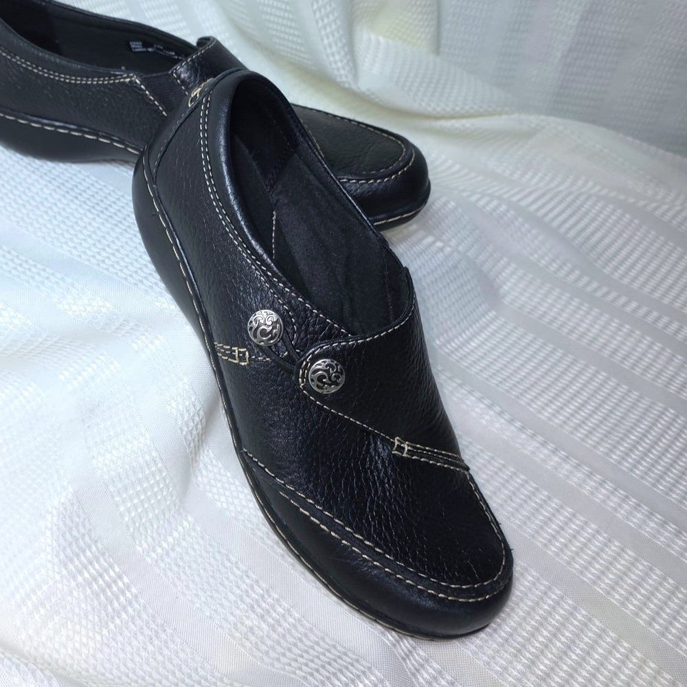 Clarks Bendables‎ Black Leather Slip On Loafers Contrast Stitch 8.5M 63064